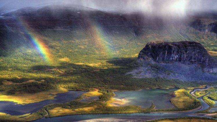 nature, Landscape, Sweden, River, Rainbows, Mountain, Forest, Aerial View, Valley, Sunlight, Clouds, Mist HD Wallpaper Desktop Background
