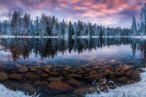 nature, Landscape, Winter, Sunrise, Lake, Forest, Snow, Morning, Trees, Finland, Cold, Water, Reflection