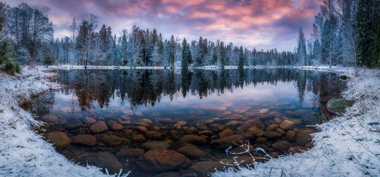 nature, Landscape, Winter, Sunrise, Lake, Forest, Snow, Morning, Trees, Finland, Cold, Water, Reflection HD Wallpaper Desktop Background