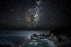 nature, Landscape, Waterfall, Beach, Sea, Milky Way, Starry Night, Galaxy, Coast, California, Long Exposure, Sky