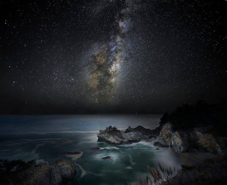 nature, Landscape, Waterfall, Beach, Sea, Milky Way, Starry Night, Galaxy, Coast, California, Long Exposure, Sky HD Wallpaper Desktop Background