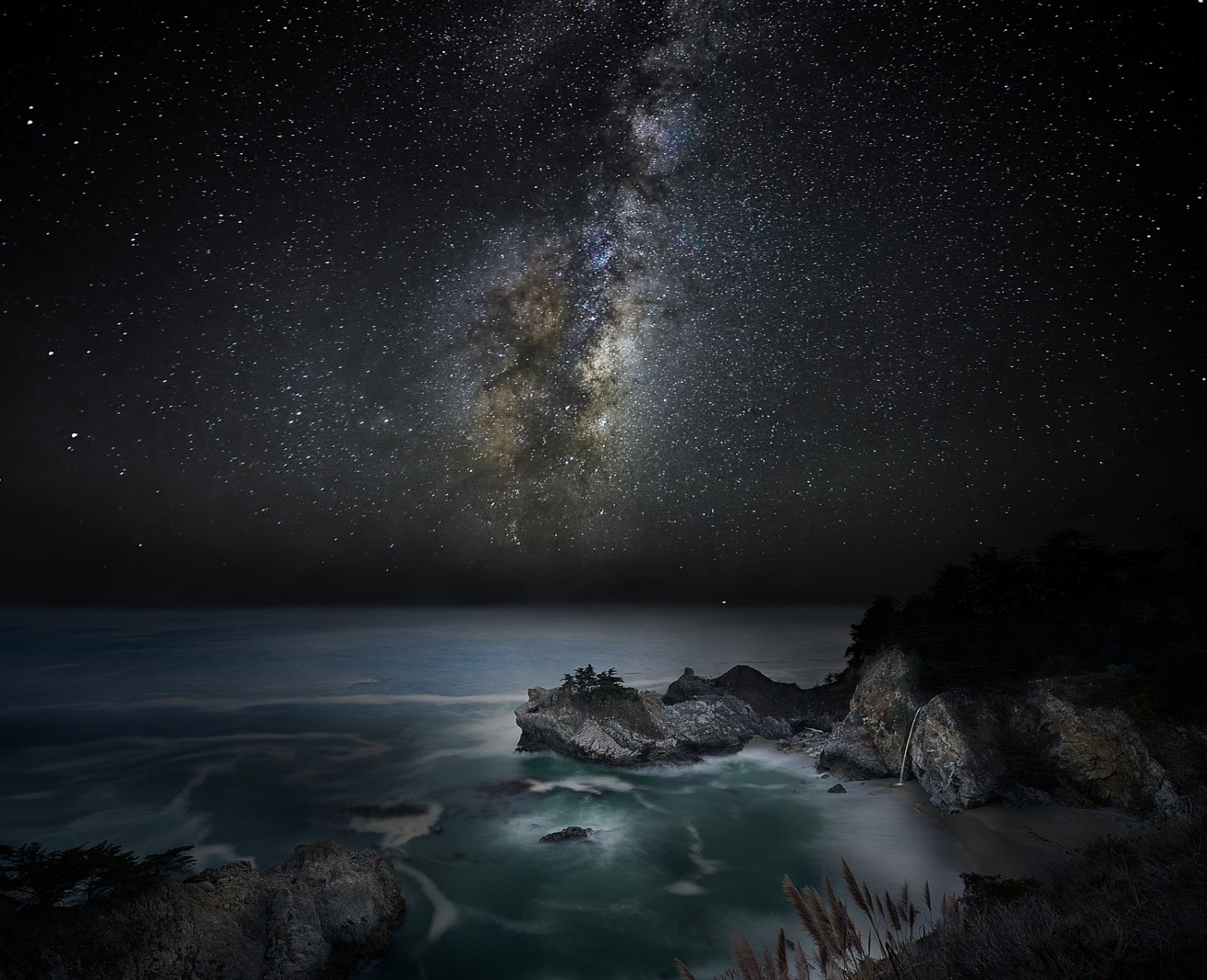 nature, Landscape, Waterfall, Beach, Sea, Milky Way, Starry Night, Galaxy, Coast, California, Long Exposure, Sky Wallpaper