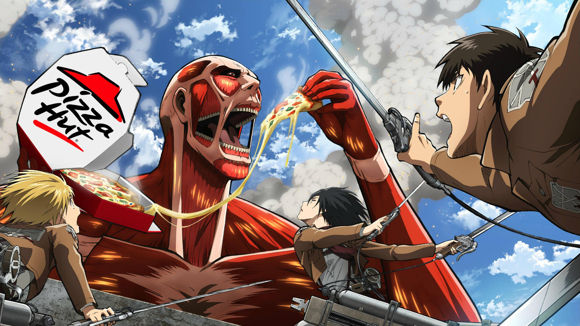 Shingeki No Kyojin, Eren Jeager, Armin Arlert, Mikasa Ackerman, Pizzas, Parody, Humor Wallpaper