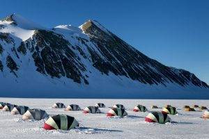 nature, Landscape, Winter, Snow, Antarctica, Mountain, Tents, Field, Snowy Peak, Sunlight, Shadow