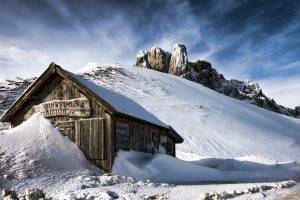 nature, Landscape, Winter, Snow, Wood, House, Mountain, Hill, Clouds, Dolomites (mountains), Snowy Peak, Rock