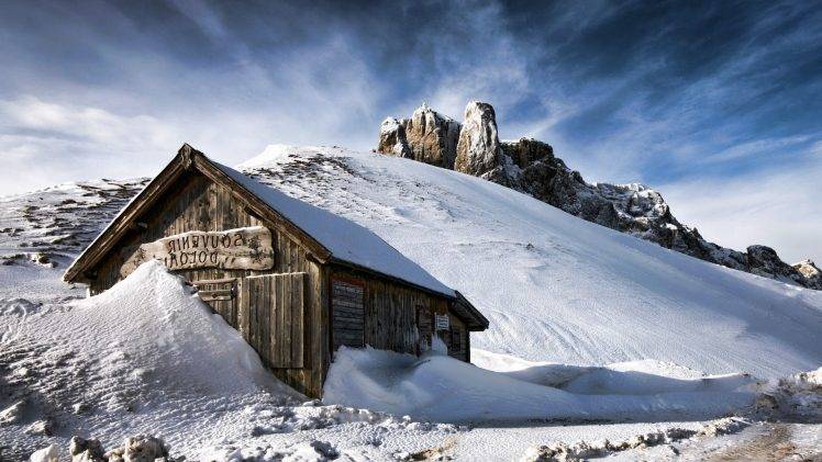 nature, Landscape, Winter, Snow, Wood, House, Mountain, Hill, Clouds, Dolomites (mountains), Snowy Peak, Rock HD Wallpaper Desktop Background