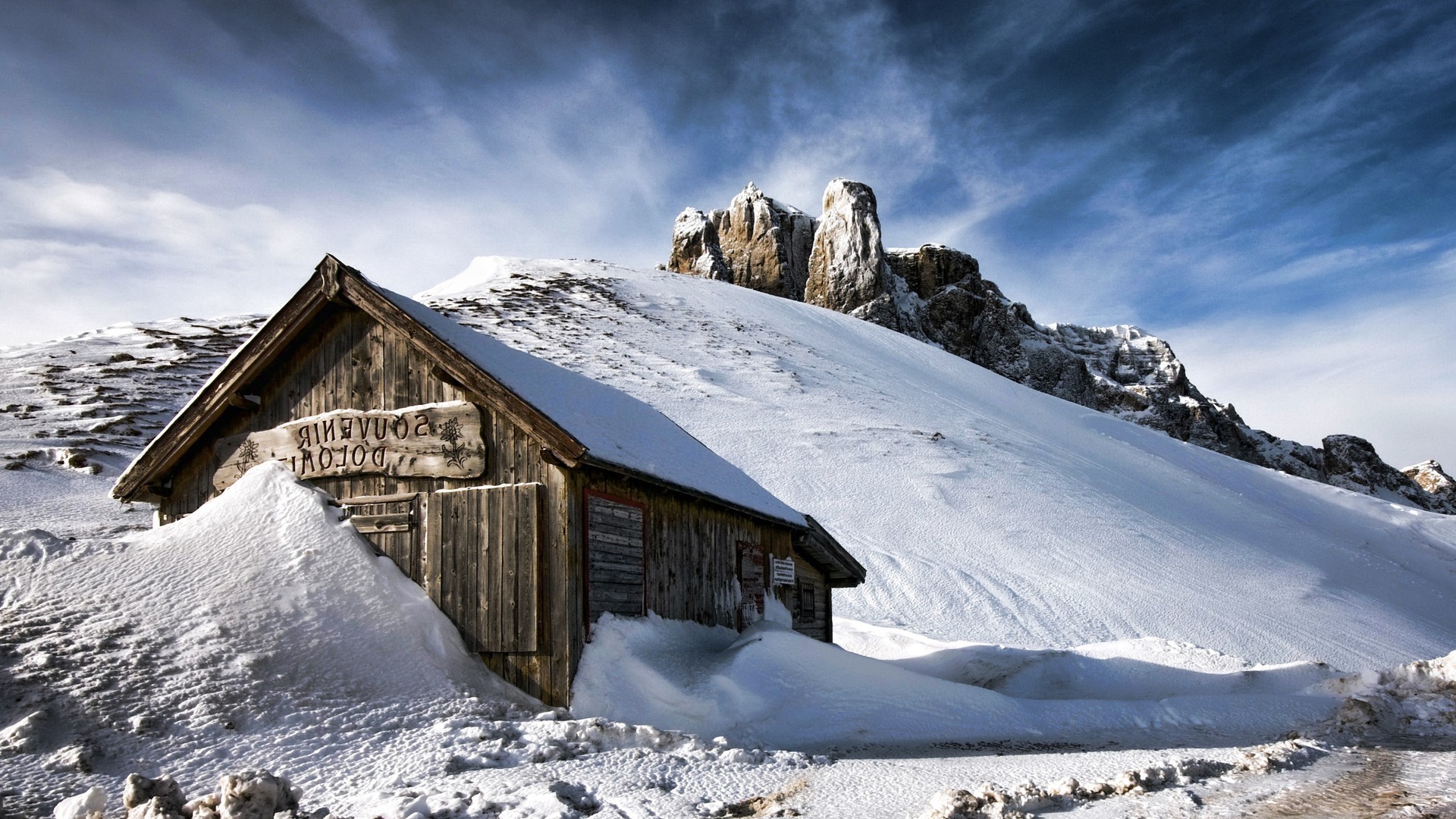 nature, Landscape, Winter, Snow, Wood, House, Mountain, Hill, Clouds, Dolomites (mountains), Snowy Peak, Rock Wallpaper