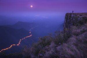 landscape, Nature, Road, Lights, Moonlight, Shrubs, Mountain, Mist, Cliff, Moon, Valley, Brasil
