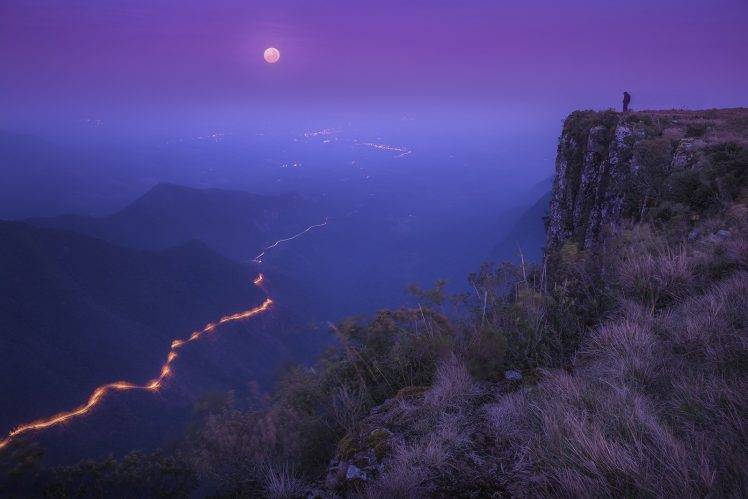 landscape, Nature, Road, Lights, Moonlight, Shrubs, Mountain, Mist, Cliff, Moon, Valley, Brasil HD Wallpaper Desktop Background