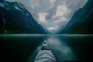 landscape, Nature, Kayaks, Fjord, Mountain, Mist, Clouds, Creeks, Norway, Morning, Blue, Rain