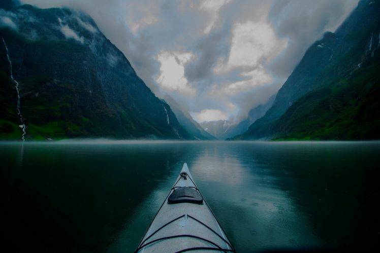 landscape, Nature, Kayaks, Fjord, Mountain, Mist, Clouds, Creeks, Norway, Morning, Blue, Rain HD Wallpaper Desktop Background