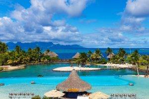 landscape, Nature, Tropical, Resort, Tahiti, French Polynesia, Sea, Beach, Swimming Pool, Palm Trees, Island, Mountain, Clouds, Summer