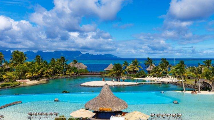 landscape, Nature, Tropical, Resort, Tahiti, French Polynesia, Sea, Beach, Swimming Pool, Palm Trees, Island, Mountain, Clouds, Summer HD Wallpaper Desktop Background