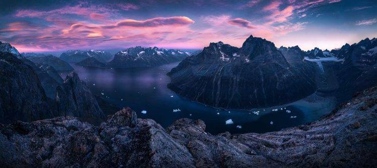 nature, Landscape, Sunset, Mountain, Panoramas, Fjord, Clouds, Sky, Ice, Rock, Greenland HD Wallpaper Desktop Background
