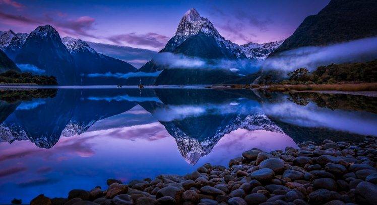 nature, Landscape, Mountain, Fjord, Snowy Peak, Mist, Water, Reflection, Sunrise, Clouds, Milford Sound, New Zealand, Blue, Morning HD Wallpaper Desktop Background