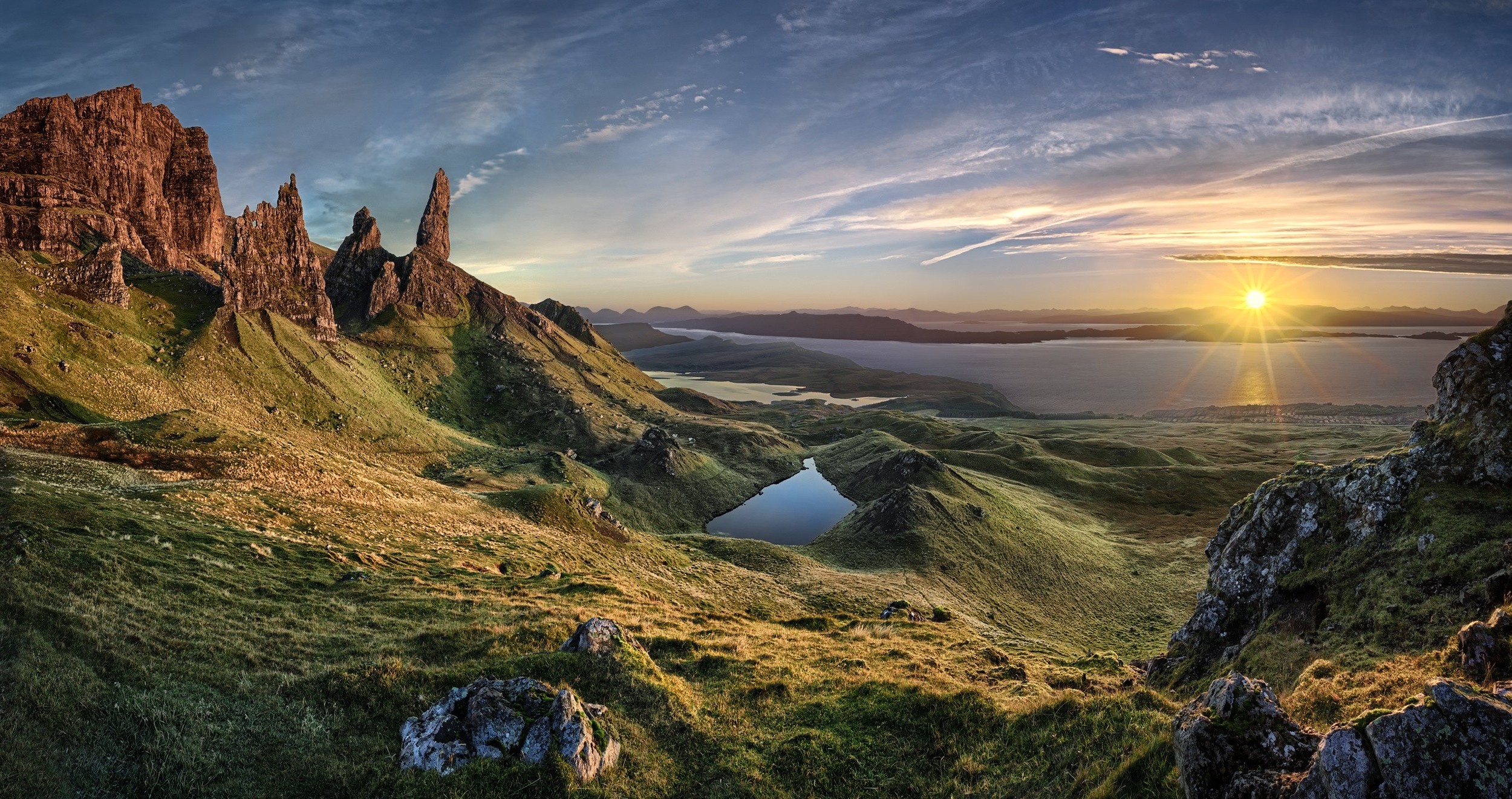 nature, Landscape, Sunrise, Old Man Of Storr, Skye, Island, Scotland, Grass, Sea, Mountain, Sun Rays, Sunlight, Water, Pond, Rock Wallpaper