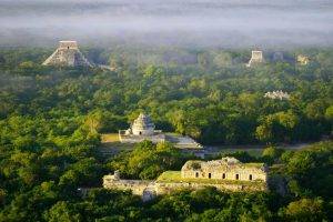 landscape, Nature, Chichen Itza, Temple, Ruins, Archeology, Tropical Forest, Mexico, Morning, Mist, Sunlight, Aerial View