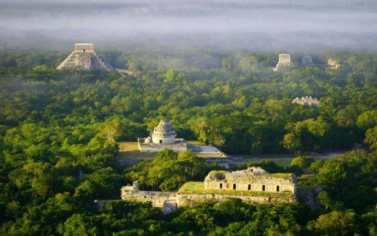 landscape, Nature, Chichen Itza, Temple, Ruins, Archeology, Tropical Forest, Mexico, Morning, Mist, Sunlight, Aerial View HD Wallpaper Desktop Background