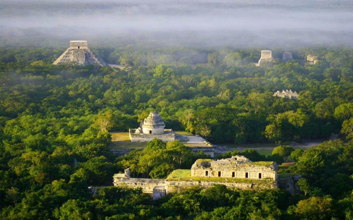 landscape, Nature, Chichen Itza, Temple, Ruins, Archeology, Tropical Forest, Mexico, Morning, Mist, Sunlight, Aerial View Wallpaper