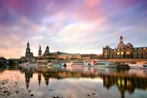 nature, Landscape, Architecture, Building, Clouds, City, River, Dresden, Germany, Old Building, Church, Tower, Water, Boats, Reflection, Stones, Lights, Evening, Sunset, Bridge, Cathedral, Long Exposure, Trees