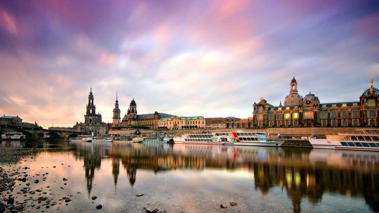 nature, Landscape, Architecture, Building, Clouds, City, River, Dresden, Germany, Old Building, Church, Tower, Water, Boats, Reflection, Stones, Lights, Evening, Sunset, Bridge, Cathedral, Long Exposure, Trees HD Wallpaper Desktop Background
