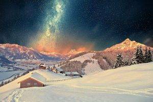 pine Trees, Snow, Stars, Landscape