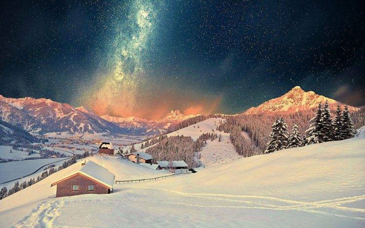 pine Trees, Snow, Stars, Landscape HD Wallpaper Desktop Background