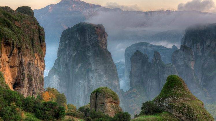 nature, Landscape, Mountain, Rock, Trees, Mist, HDR, Clouds HD Wallpaper Desktop Background