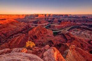 nature, Landscape, Mountain, Rock, Utah, USA, Valley, River, Trees, Sunset, Horizon