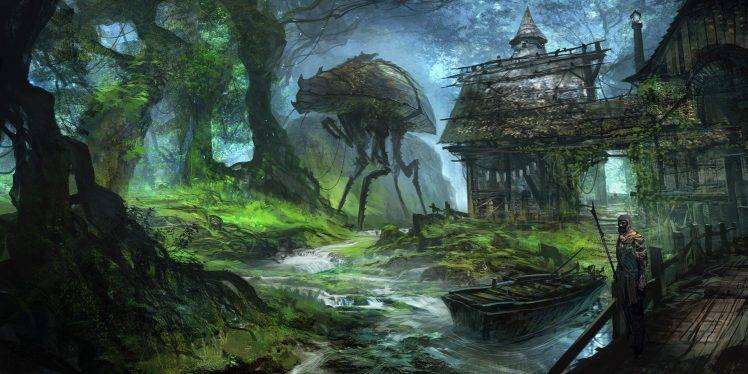 The Elder Scrolls III: Morrowind, Drawing, Artwork, Fantasy Art, Video Games, River, Forest, Concept Art, Trees, Boat, Roots, Feng Zhu HD Wallpaper Desktop Background