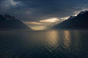 landscape, Nature, Lake, Mountain, Mist, Sun Rays, Winter, Dark, Clouds, Snowy Peak, Birds, Sunlight, Switzerland, Atmosphere