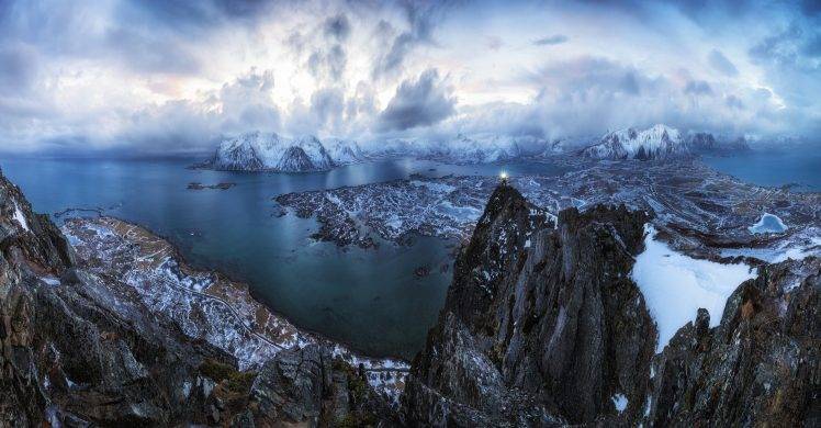nature, Landscape, Torchlight, Hiking, Mountain, Panoramas, Sea, Lofoten Islands, Norway, Winter, Sky, Clouds, Road, Snow HD Wallpaper Desktop Background