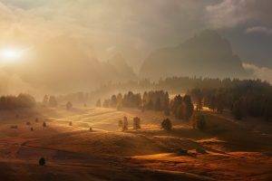landscape, Nature, Mountain, Sunrise, Mist, Forest, Fall, Cabin, Trees, Sunlight, Atmosphere, Clouds