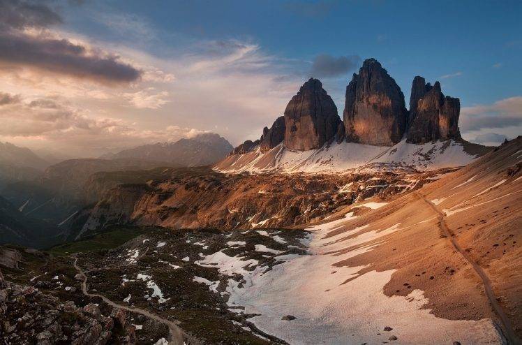 landscape, Nature, Mountain, Summer, Dolomites (mountains), Italy, Alps, Sunrise, Mist, Clouds, Dirt Road HD Wallpaper Desktop Background