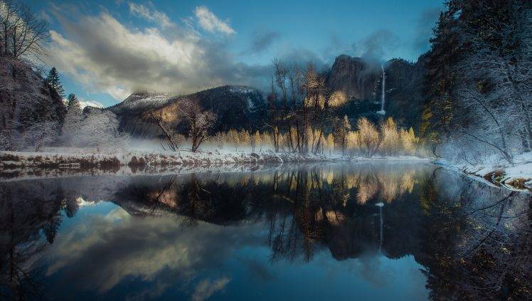 landscape, Nature, Winter, River, Reflection, Waterfall, Mountain, Forest, Yosemite National Park, Snow, Trees, Cold, El Capitan HD Wallpaper Desktop Background