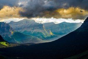 landscape, Nature, Mountain Pass, Glacier National Park, Sun Rays, Clouds, Forest, Sunset, Mist, Summer