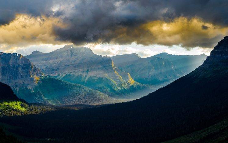 landscape, Nature, Mountain Pass, Glacier National Park, Sun Rays, Clouds, Forest, Sunset, Mist, Summer HD Wallpaper Desktop Background