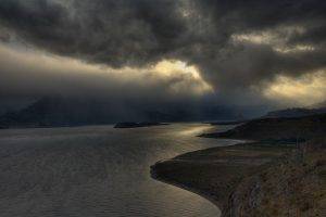 nature, Landscape, Lake, Mountain, Storm, Dark, Clouds, Chile, Mist, Sunlight