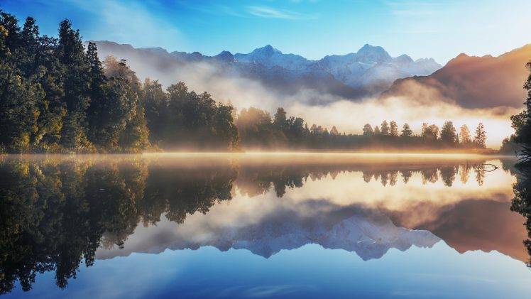 nature, Landscape, Lake, Sunrise, Mist, Forest, Mountain, Water, Reflection, Snowy Peak, Trees HD Wallpaper Desktop Background