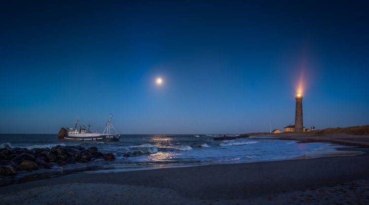 lighthouse, Sea, Ship, Beach, Landscape HD Wallpaper Desktop Background