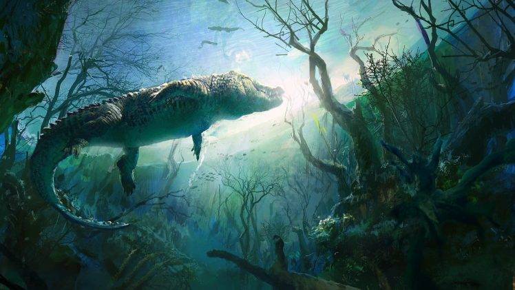 nature, Animals, Digital Art, Underwater, Crocodiles, Plants, Branch, Painting, UFO HD Wallpaper Desktop Background