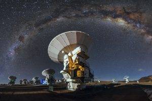 landscape, Nature, Milky Way, Starry Night, ALMA Observatory, Atacama Desert, Chile, Technology, Long Exposure, Galaxy