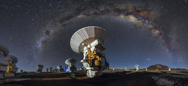 landscape, Nature, Milky Way, Starry Night, ALMA Observatory, Atacama Desert, Chile, Technology, Long Exposure, Galaxy HD Wallpaper Desktop Background