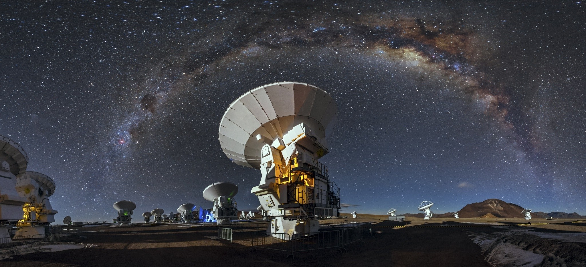 landscape, Nature, Milky Way, Starry Night, ALMA Observatory, Atacama Desert, Chile, Technology, Long Exposure, Galaxy Wallpaper
