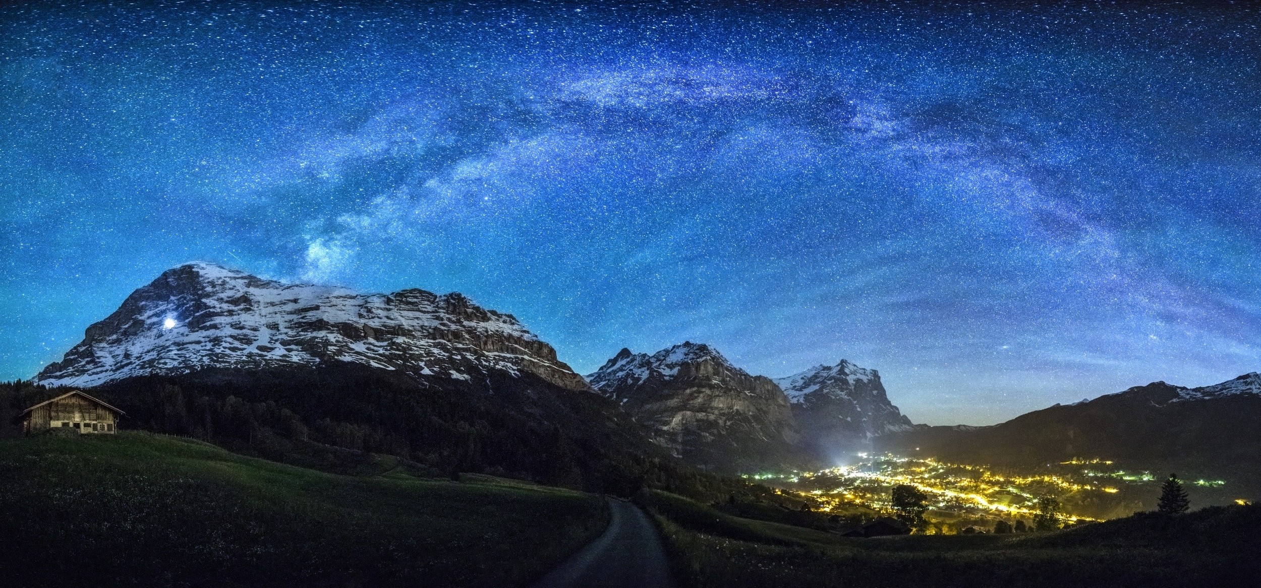 nature, Landscape, Mountain, Stars, Panoramas, Road, Milky Way, Lights, Switzerland, Snowy Peak, Sky, Galaxy, Forest, Grass, City, Cabin Wallpaper