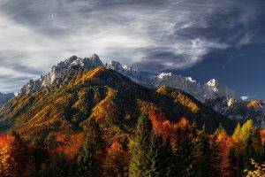 nature, Mountain, Forest, Fall, Colorful, Landscape, Trees, Snowy Peak, Clouds, Moon, Slovenia, Sunlight