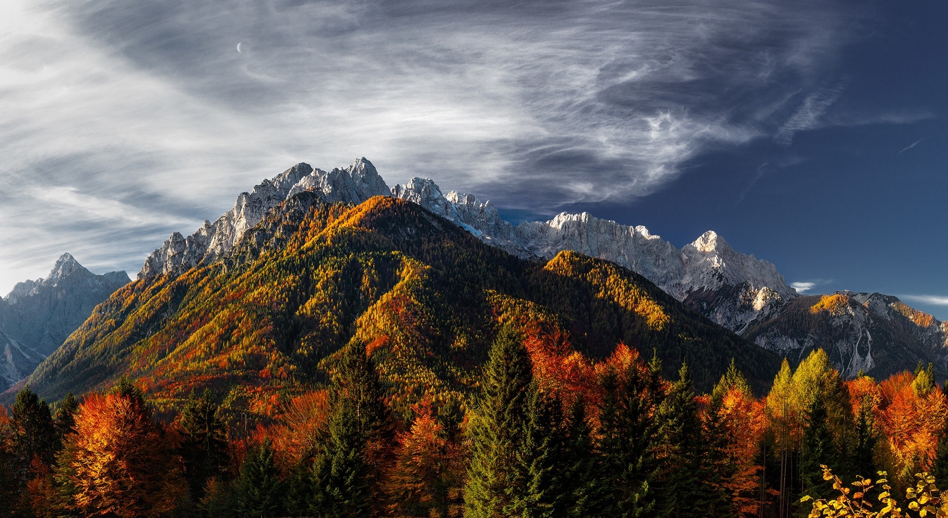 nature, Mountain, Forest, Fall, Colorful, Landscape, Trees, Snowy Peak, Clouds, Moon, Slovenia, Sunlight Wallpaper