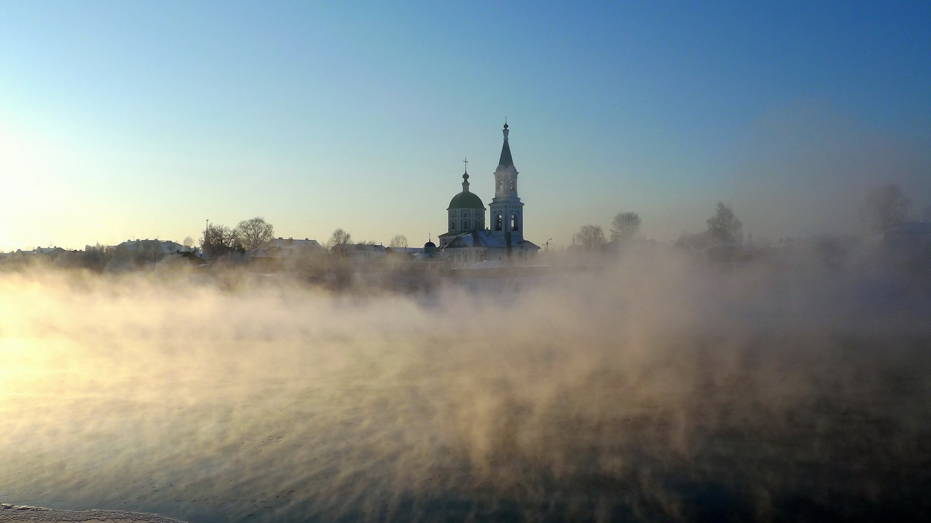 nature, Landscape, Architecture, Building, Old Building, Trees, Church, Cathedral, Mist, Morning, Clear Sky, Cross Wallpaper