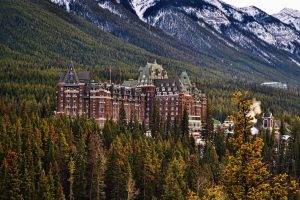 nature, Landscape, Architecture, Building, Old Building, Trees, Banff National Park, Canada, Forest, Pine Trees, Mountain, Castle, Hill, Snowy Peak, The Fairmont Banff Springs