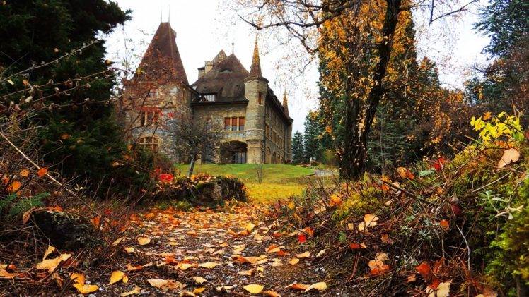 nature, Landscape, Architecture, Building, Old Building, Trees, Forest, Leaves, Branch, Fall, Tower, Mansions, Cottage HD Wallpaper Desktop Background